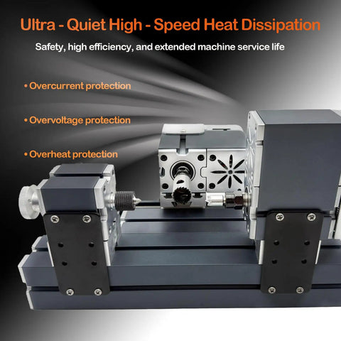 EssEthmy 60W Mini Metal Wood Lathe, Precision Bead Turner With 12k RPM showcasing overcurrent and overheating protections.