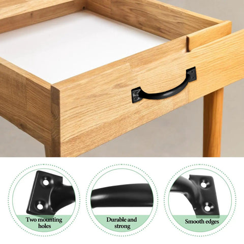 Wooden table with Four Point Seven Inch Iron Gate And Door Handle Set Black For Garage Doors Gates Screens Sheds And Wooden Fences Outdoor Use Two Pack Built Tough Durable Heavy Duty Hardware attached.