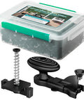 Front view of 1000 Pack Hidden Deck Fasteners Kit for Composite Decking with stainless steel screws, nylon clips, and tools.