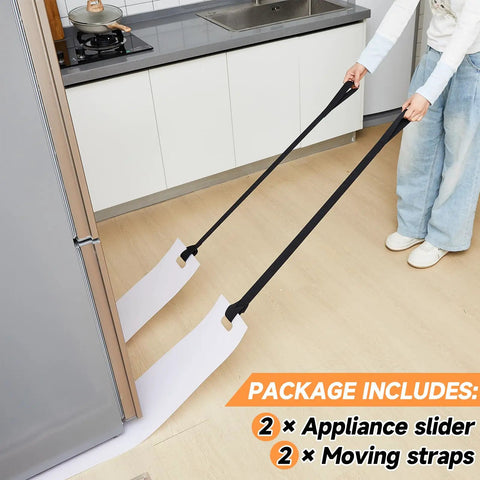 Person using 2 Pack Appliance Sliders With Straps For Easy Move Of Heavy Duty Fridges, Washers, Dryers On Tile Or Hardwood Floors.