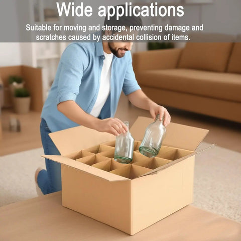 Person using 3-Pack Glassware Protection Kit With 15 Corrugated Dividers In Two Sizes And 36 Foam Sleeves For 16x12x12 Moving Boxes