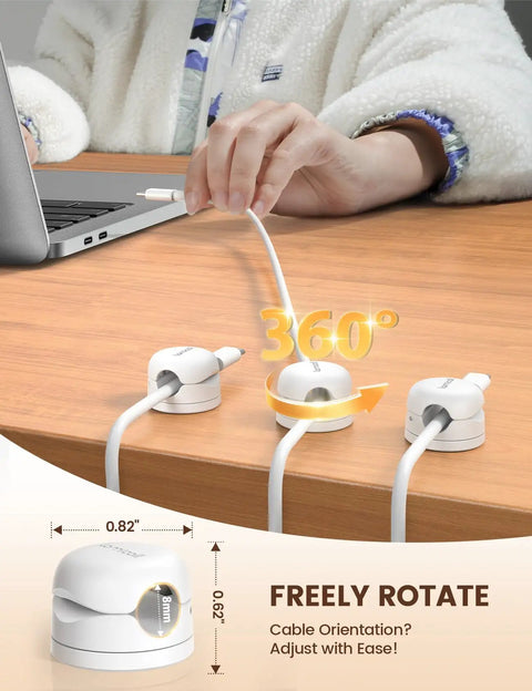 Six Pack 360 Degree Rotatable Cord Organizer Clips With One Second Lock Spring Cord Holder securing cables on a desk