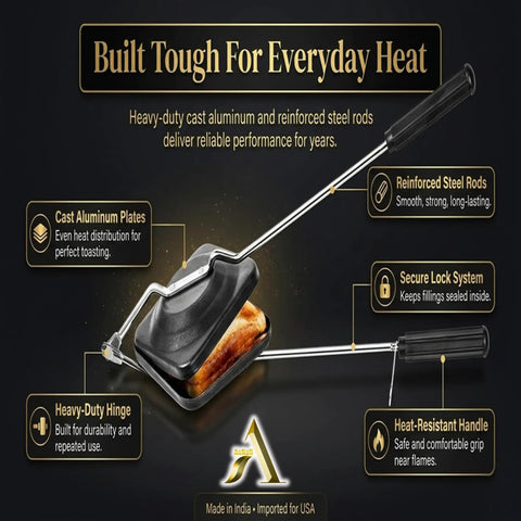 AnNafi Cast Iron Sandwich Maker Stove Top Grill Press Non Stick Hand Toaster Pan For Gas Flame with heavy-duty aluminum and steel.