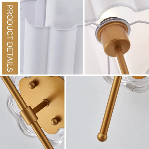 Close-up details of Set Of 2 Modern Wall Sconces With Creamy White Fabric Flower Shades And Antique Brass Brush Finish For Vanity, Stairway
