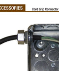 Installed ProConnex 49211 Strain Relief Cord Connector Conduit Fitting Half Inch For 0.26 To 0.375 Inch cords in metal box