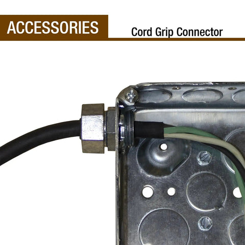 Installed ProConnex 49211 Strain Relief Cord Connector Conduit Fitting Half Inch For 0.26 To 0.375 Inch cords in metal box