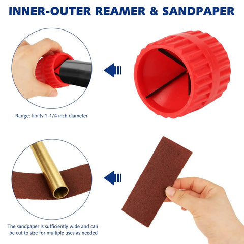 Ratcheting Tubing Cutter For Copper, PVC And Soft Metal Tubing, 360 Degree Ratchet For Tight Spaces, Heavy Duty Pipe Cutter, Cuts Five Sixteenths To One And One Eighth Inches, Built For Pros And Weekend DIYers. Inner-outer reamer and sandpaper set for 1-1/4 inch pipe