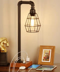 Industrial Desk Lamp With Bulb Included, 3-Way Dimmable, USB ports on wood base next to books and photo on desk