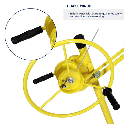 Close-up of brake winch on Heavy Duty Drywall Lift Panel Hoist for 16Ft Ceilings and 19Ft Walls, showcasing safety features.