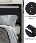 Kick Back On This Heavy Duty Queen Bed Frame With Modern Headboard And Black Steel Platform, showcasing wood grain and thick metal frame.