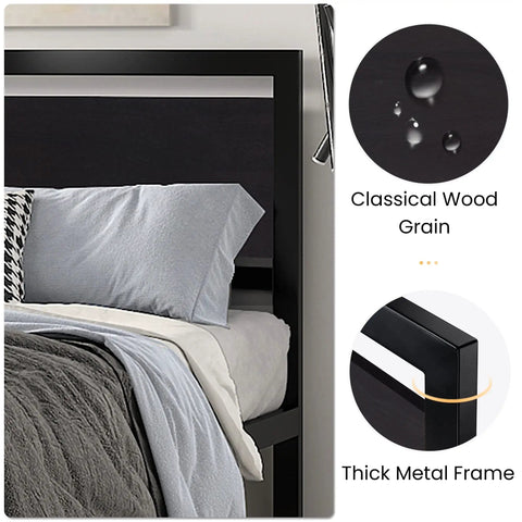 Kick Back On This Heavy Duty Queen Bed Frame With Modern Headboard And Black Steel Platform, showcasing wood grain and thick metal frame.