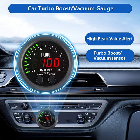 Dope Universal Turbo Boost And Vacuum Gauge Kit With Red LED Display 2 1 16th Inch Gauge Reads 0-35 PSI Boost And -30 To 0 InHg Vacuum Plug-and-Play For Turbocharged And Supercharged Cars, dashboard view