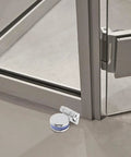 Premium Glass Door Hinge With 180 Degree Fixed Clamp For Frameless Showers And Kitchen Cabinets, showcasing silver finish with strong hold.