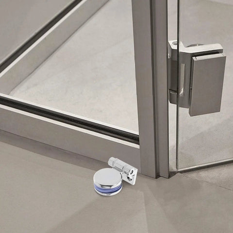 Premium Glass Door Hinge With 180 Degree Fixed Clamp For Frameless Showers And Kitchen Cabinets, showcasing silver finish with strong hold.