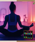 Glow In The Dark Sand Timer Set 0.5 1 2 3 5 Minute Wooden Hourglass next to person meditating in dimly lit room