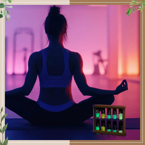 Glow In The Dark Sand Timer Set 0.5 1 2 3 5 Minute Wooden Hourglass next to person meditating in dimly lit room