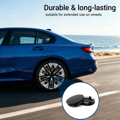 4 Pack Car Wheel Hub Center Cap Set 60mm Outer Diameter 56mm Inner Diameter 0.57 Inch Thick Universal ABS Snap In Anti Fall Rust Proof Decoration for SUV Sedan Truck on a blue sedan wheel.