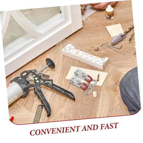 Six Piece Quick Release Toggle Clamp Set For Freezer Doors Smoker Lids And Trunks next to tools on wooden floor
