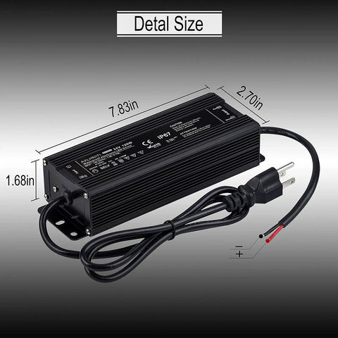 IP67 Waterproof LED Driver 120W Power Supply for LED Strip Lights, 24V DC Output, size details, 3 prong plug with 3 foot cable