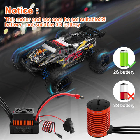 RC car with Beefed Up 1/10 Scale Brushless RC Motor And 60A ESC Combo With 4370KV F540 Sensorless Motor for off-road use.