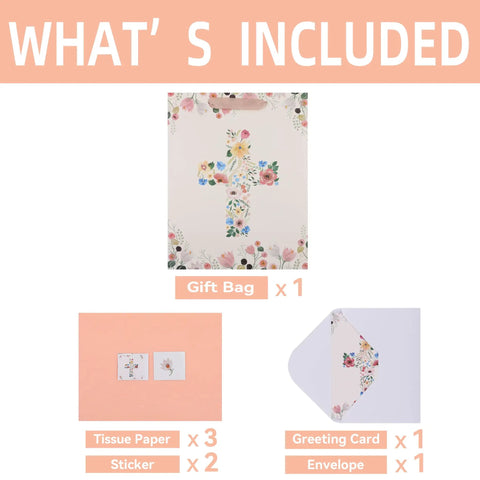 Gift bag set includes large light yellow floral bag, 3 tissue papers, 1 greeting card, 2 stickers for first communions.