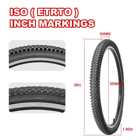 26 Inch Mountain Bike Tire Set 26x1.95 With Schrader Valve Inner Tubes, Includes Tire Levers And Liners, tire dimensions displayed