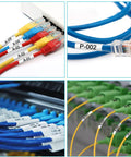 Three Pack Heat Shrink Label Tape features smooth peeling and rock solid grip, labeled cables in a network setup for clarity.