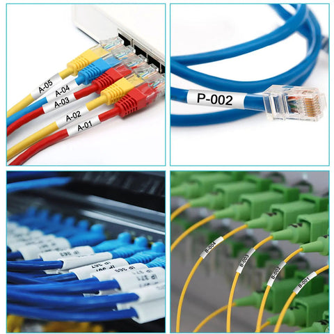 Three Pack Heat Shrink Label Tape features smooth peeling and rock solid grip, labeled cables in a network setup for clarity.