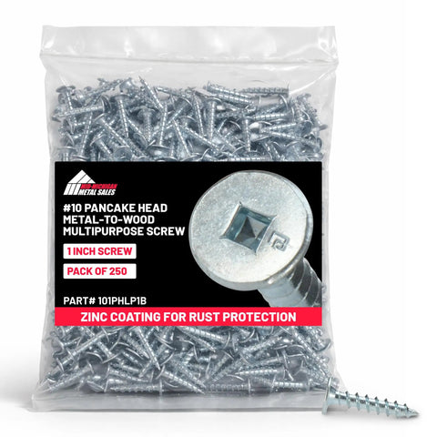Kickass Number 10 X 1 Inch Zinc Plated Pancake Head Screws With Square Drive, 250 Pack Of Slick Flush Mount Hardware in bag.