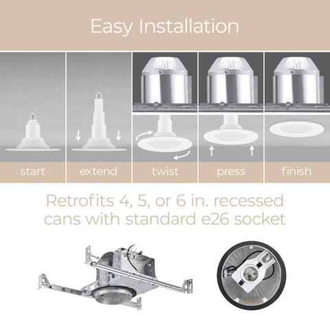 Slick LED Recessed Retrofit Light Delivers A No Sweat Install And Straight Threads Into Standard 4 5 Or 6 Inch Housing Can With A Snappy Telescoping Arm And Five Adjustable CCT Levels For Crisp Ceiling Glow Pack Of Four showing easy installation process.