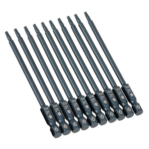 Super Cool 10 Pc Long T10 Hex Magnetic Screwdriver Bits Kit Made From Tough S2 Steel With Solid Grip Heads Perfect For Any Heavy Duty Drill Job In The Garage Or On The Road Today. 10 long T10 S2 steel magnetic screwdriver bits
