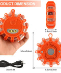 USB C Rechargeable LED Road Flares Kit With Magnetic Base, Emergency Roadside Warning Lights, orange strobe flare disc, dimensions shown