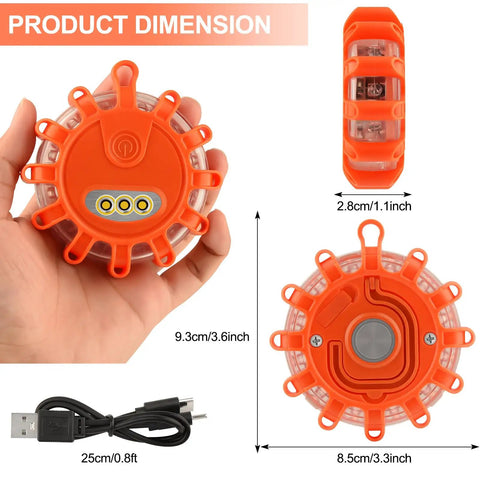 USB C Rechargeable LED Road Flares Kit With Magnetic Base, Emergency Roadside Warning Lights, orange strobe flare disc, dimensions shown