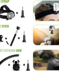 HERO13 Ultra Wide Action Camera Bundle accessories: head strap, selfie stick, helmet extension arm with various mounts and tools.