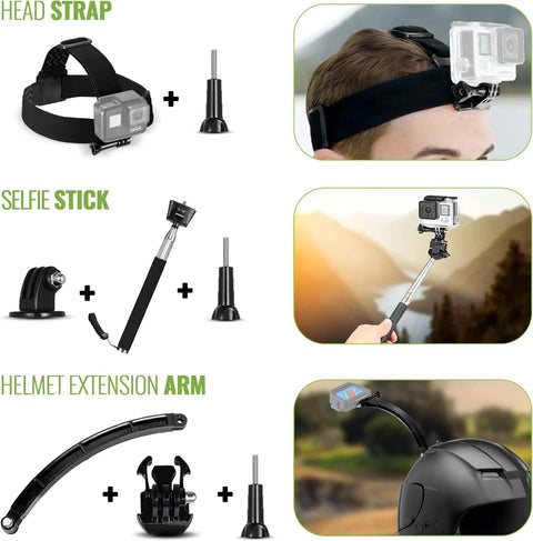 HERO13 Ultra Wide Action Camera Bundle accessories: head strap, selfie stick, helmet extension arm with various mounts and tools.