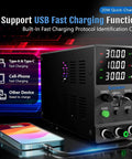 Pro-Grade DC Power Supply 0-32V 0-10A with LED display, USB and Type-C quick charge capability, connected to a smartphone.