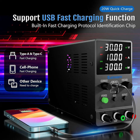 Pro-Grade DC Power Supply 0-32V 0-10A with LED display, USB and Type-C quick charge capability, connected to a smartphone.