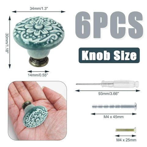 Six Pack Green Ceramic Kitchen Cabinet Knobs With Two Screw Sizes And Included Mini Screwdriver For Easy Installation, 34mm Diameter And 30mm Height, Durable Modern Hardware For Cabinets Or Drawers, knob size and screws shown