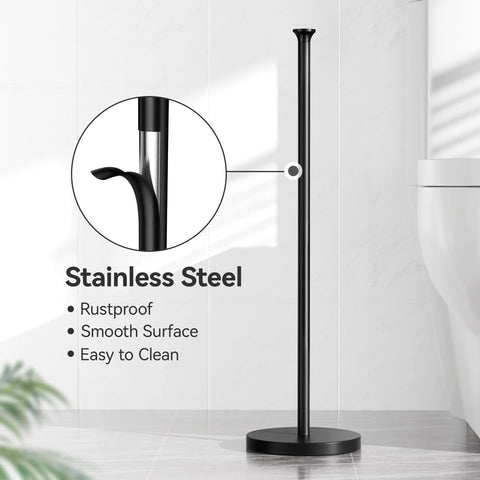 Free Standing Toilet Paper Holder With Reserve Function And Stainless Steel Spare Roll Storage, sleek black design, bathroom decor.