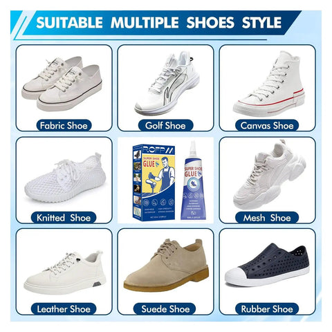 Ultimate Shoe Glue Repair Kit With Precision Metal Applicator For Sneakers Boots Leather And Handbags Bonds Cracks On Soles Heels And Edges Plus Rubber Cement Eraser Cleaning Tool 60ml Pack Of Two For A Quick Fix displayed with suitable shoe styles including fabric, golf, canvas, knitted, mesh, leather, suede, and rubber shoes