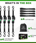 What's in the box: Retractable Ratchet Straps 4 Pack 1 Inch By 10 Feet, 4 soft loops, storage bag, packaging box