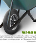 Two Pack 10 Inch Flat Free Solid Rubber Tire And Wheel Assembly Fits Half Inch Three Quarter Inch And Five Eighth Inch Axles With A 2.23 Inch Offset Hub 2 Inch Wide Tire Replacement Wheel for Dolly Hand Trucks and Wheelbarrows attached to wheelbarrow.