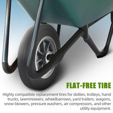 Two Pack 10 Inch Flat Free Solid Rubber Tire And Wheel Assembly Fits Half Inch Three Quarter Inch And Five Eighth Inch Axles With A 2.23 Inch Offset Hub 2 Inch Wide Tire Replacement Wheel for Dolly Hand Trucks and Wheelbarrows attached to wheelbarrow.