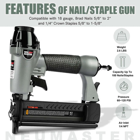 2 In 1 Pneumatic Brad Nail Gun And Staple Gun for DIY Woodworking with 18 Gauge 2 Inch Brad Nails and Crown 1-5/8 Inch Staples