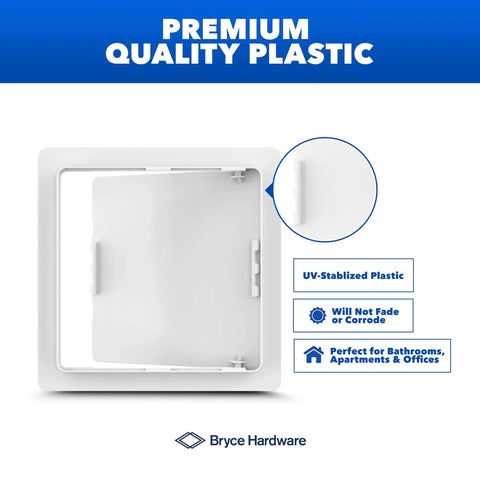 Top Shelf 10X10 Drywall Access Panel For Ceiling Or Wall With Smooth White Cover, showcasing durable UV-stabilized plastic for bathrooms.