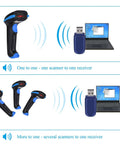 Diagram showing 2.4G Wireless 1D Barcode Scanner for Retail and Warehouse, Ultra-Fast Cordless Reader With 300 Scans Per Second, 100ft Range.