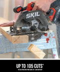 Pro Grade 20 Volt Brushless Circular Saw Kit With 6 1/2 Inch Carbide Blade cutting through wood, showing blade and saw in action.