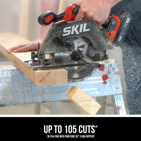 Pro Grade 20 Volt Brushless Circular Saw Kit With 6 1/2 Inch Carbide Blade cutting through wood, showing blade and saw in action.