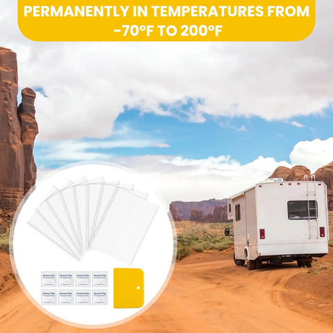 RV Roof Patch Kit With 8 White 4x6 Inch Patches 8 Alcohol Wipes And A Yellow Scraper For Stopping Camper Roof Leaks Weatherproof
