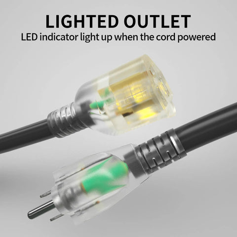 Close-up of Heavy Duty 25 Foot Outdoor Extension Cord Built Tough For Real Outdoor Jobs 10 Gauge Waterproof Black With Lighted End